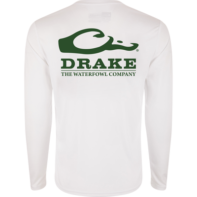 Drake Icon Long Sleeve Performance Crew, a lightweight polyester shirt with UPF 50, moisture-wicking, and Drake logo on front, ideal for outdoor activities.