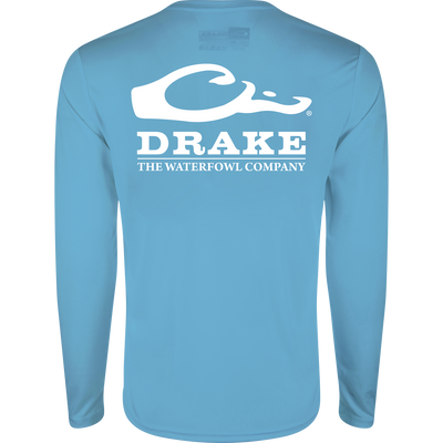 Drake Icon Long Sleeve Performance Crew, lightweight and breathable, features the Drake duck head logo and UPF 50 protection, ideal for outdoor activities.