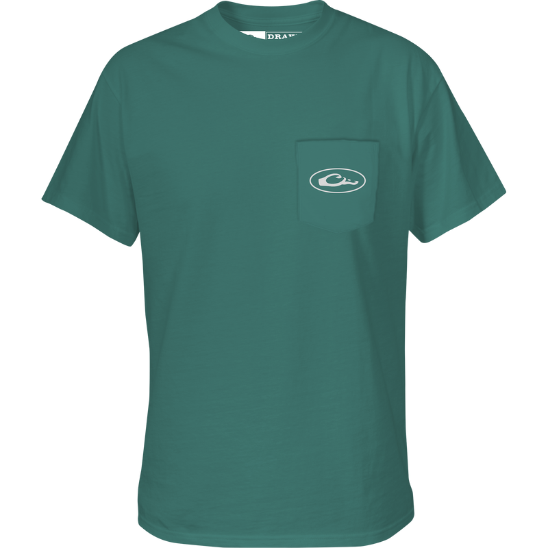 A youth green shirt with a pocket and the Drake logo on the front, featuring ducks in flight from the Old School Camo Series. Lightweight and comfortable, made of 60% cotton and 40% polyester. No front pocket.