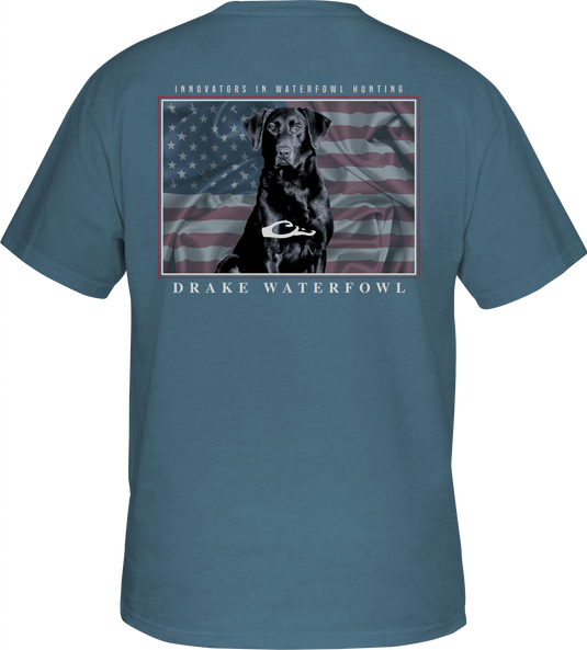 Youth Americana Lab T-Shirt with Drake logo on the front. Blue shirt with a dog and American Flag overprint. Soft and comfortable 60% cotton/40% polyester blend. Lightweight at 180 GSM. No front pocket.