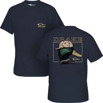 Youth Back Cap Mallard T-Shirt featuring a small gold Drake logo on front, large mallard illustration with camo cap on back, from Ducks of Drake series.