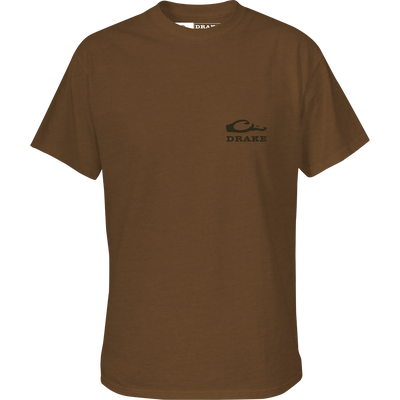 Youth Old School Lab T-Shirt featuring Drake logo on front, Yellow Lab graphic in sweatshirt on back, crafted from soft 60% cotton, 40% polyester blend.