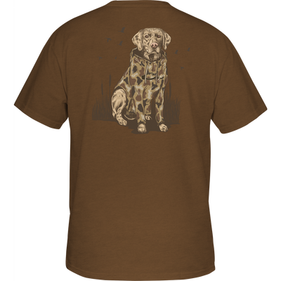 Youth Old School Lab T-Shirt with Drake logo on front, Yellow Lab graphic in sweatshirt on back, made from soft 60% cotton, 40% polyester blend.