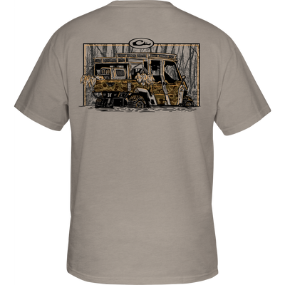 Youth Side X Side T-Shirt featuring Drake logo on front and Trucks of Drake Series side-by-side graphic on back, made of soft cotton-polyester blend.