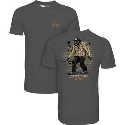 Youth Quacksquatch T-Shirt featuring an orange Drake logo on the front and a camo Sasquatch graphic with ducks on the back, ideal for outdoor adventures.