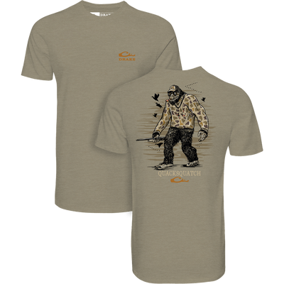 Youth Quacksquatch T-Shirt featuring a small front Drake logo and a large back Sasquatch hunting illustration with QUACKSQUATCH text, blending comfort and style.