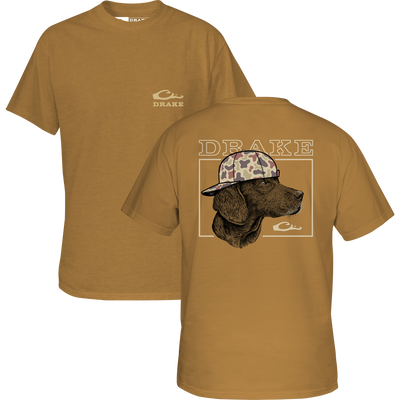 Youth Back Cap Lab T-Shirt featuring a front logo and a back hunting dog graphic with cap, designed for young outdoor enthusiasts. Made of soft, durable cotton-polyester blend.