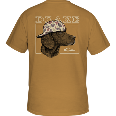 Youth Back Cap Lab T-Shirt featuring a retriever line drawing with a sideways camouflage cap and “DRAKE” above, perfect for young outdoor enthusiasts.