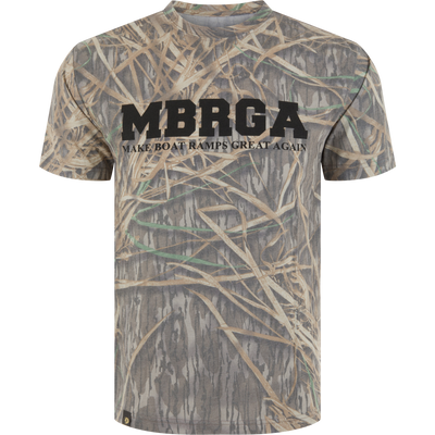 Make Boat Ramps Great Again T-Shirt featuring all-over camo pattern and bold MBRGA print, supporting boat ramp restoration with purchase proceeds.
