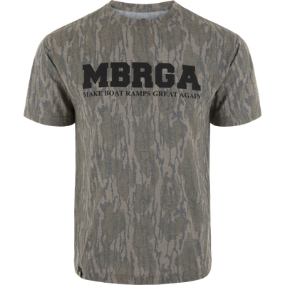 Camouflage-patterned T-shirt with MBRGA and MAKE BOAT RAMPS GREAT AGAIN slogan, displayed on a mannequin, supporting boat ramp restoration.