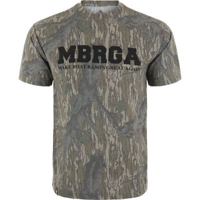 Make Boat Ramps Great Again T-Shirt on mannequin, featuring MBRGA and slogan, supports boat ramp restoration and includes entry to win a Prodigy Boat.