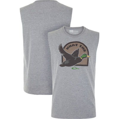 Sleeveless What The Duck T-Shirt featuring a stylized mallard duck graphic and Drake label on front; back is plain. Made of 60% cotton, 40% polyester.