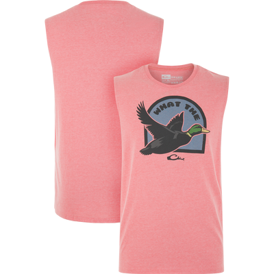 Sleeveless What The Duck T-Shirt featuring a mallard graphic on the front, plain back, and Drake branding, crafted from a soft cotton-polyester blend.