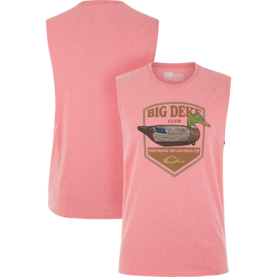 Sleeveless Big Deke T-Shirt featuring a carved duck decoy graphic with BIG DEKE CLUB and NOTHING MEASURES UP text, perfect for waterfowl enthusiasts.