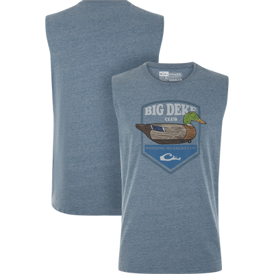 Sleeveless Big Deke T-Shirt featuring a mallard decoy graphic, “BIG DEKE CLUB” text, and Drake logo, paired with a plain blue back shirt.