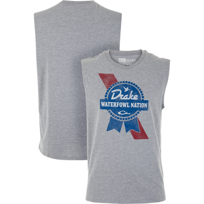 Sleeveless Drake Waterfowl Nation T-Shirt with distressed red-and-blue rosette graphic on the front and plain gray back, crafted from a soft cotton-polyester blend.