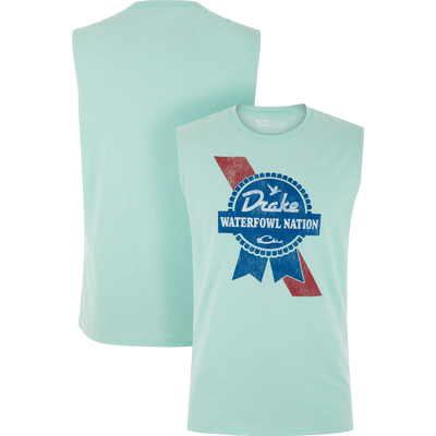 Sleeveless Drake Waterfowl Nation T-Shirt features a front graphic with a red and blue ribbon and seal, alongside a plain back, made from a soft cotton-polyester blend.