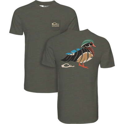 Drake Woodie T-Shirt featuring a wood duck illustration on the back and a logo on the chest, crafted for comfort and durability.
