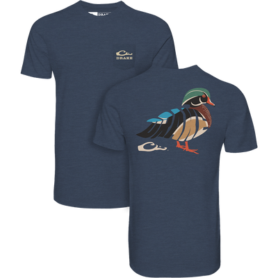Woodie T-Shirt with front logo and back wood duck illustration, made from a cotton-polyester blend for comfort and durability, ideal for outdoor adventures.