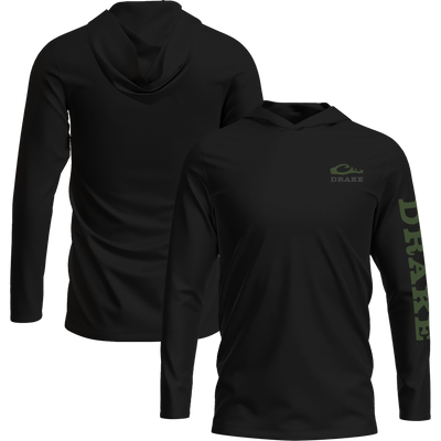 Logo Long Sleeve Hoodie T-Shirt featuring an unconstructed hood, Drake logo on the chest, and Drake text down the left sleeve, made from a soft cotton-poly blend.