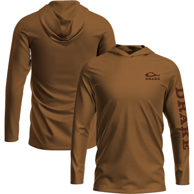 Drake Long Sleeve Logo Graphic Tee Hoodie, featuring an unconstructed hood with a logo on the front and sleeve, crafted for comfort with cotton-poly blend.