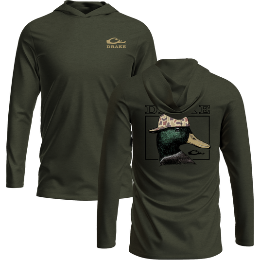 Back Cap Mallard Long Sleeve Graphic Hoodie T-Shirt featuring a Drake logo on the front and a large mallard graphic with a camo cap on the back.