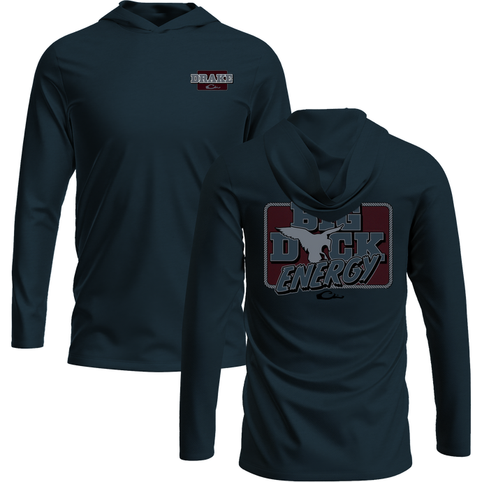 Front and back views of the Big Duck Energy Long Sleeve Graphic Hoodie T-Shirt, featuring DRAKE logo and BIG DUCK ENERGY with duck silhouette graphic.
