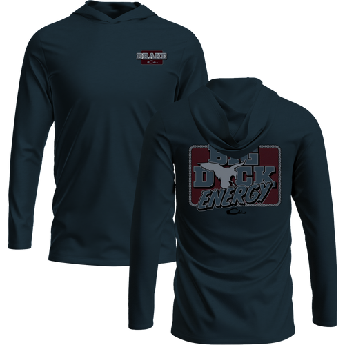 Front and back views of the Big Duck Energy Long Sleeve Graphic Hoodie T-Shirt, featuring DRAKE logo and BIG DUCK ENERGY with duck silhouette graphic.