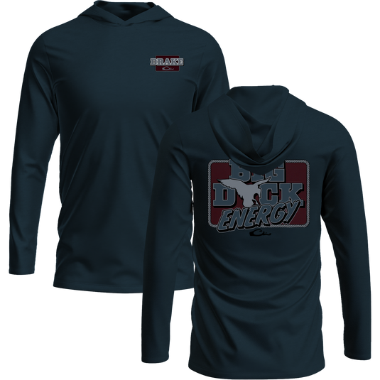 Front and back views of the Big Duck Energy Long Sleeve Graphic Hoodie T-Shirt, featuring DRAKE logo and BIG DUCK ENERGY with duck silhouette graphic.