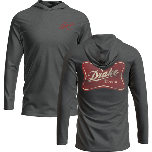 The Drake Life Long Sleeve Graphic Hoodie T-Shirt featuring front and back logo graphics, unstructured hood, crafted from a cotton-polyester blend for comfort.