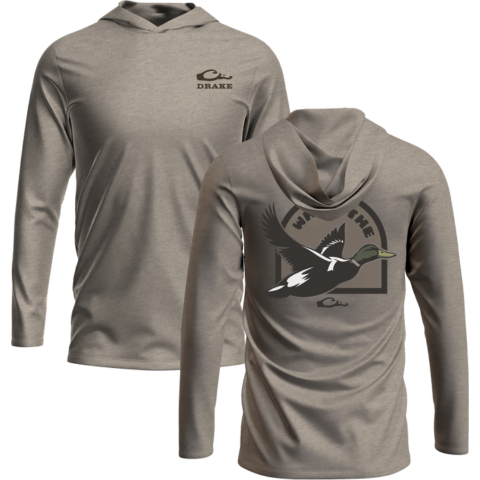 What the Duck Long Sleeve Graphic Hoodie T-Shirt showcasing front logo and back duck graphic design. Made of soft cotton-polyester blend for comfort.