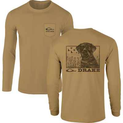 Chocolate Lab Long Sleeve T-Shirt with front pocket logo and back graphic of hunting dog and ducks, made of soft, durable cotton-polyester blend.