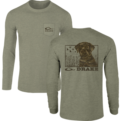 Chocolate Lab Long Sleeve T-Shirt featuring front chest pocket with Drake logo, and back vintage retriever illustration in marsh scene with ducks, perfect for hunters.