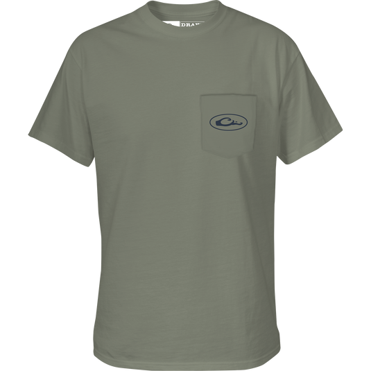 A grey t-shirt with a logo on the front pocket, featuring a Lab in a dog stand from the Old School Camo Series of back graphic tees.