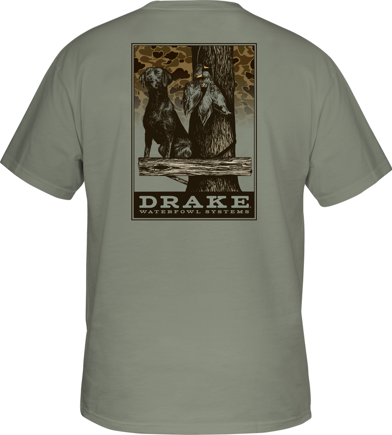 Back of a t-shirt featuring two dogs in a dog stand from the Old School Camo Series. Drake logo on front pocket. Lightweight and comfortable.