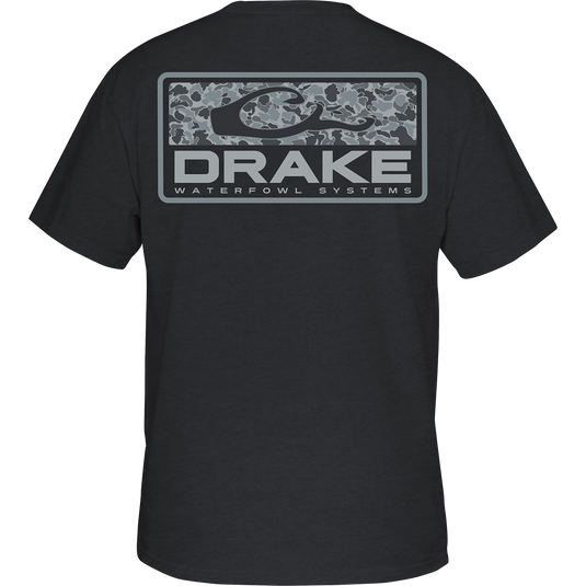 Old School Bar T-Shirt with back screen print of exclusive Old School Camo & Drake Logo overprint. Front pocket features classic Drake Waterfowl logo.