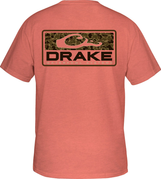 Back view of a pink Old School Bar T-Shirt with a camo Drake logo print. Features a front left chest pocket with the classic Drake Waterfowl logo. Premium 100% Ring Spun cotton or 60% cotton and 40% polyester heather tee. Lightweight at 180 GSM. Final Sale.
