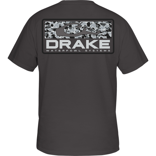 Back view of the Old School Bar T-Shirt, a grey tee with a logo. Features exclusive Old School Camo with Drake Logo overprint from the Old School Series. Front left chest pocket with classic Drake Waterfowl logo.