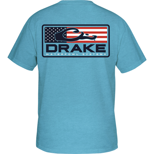 Patriotic Bar T-Shirt with Drake Logo Pocket on the Front, featuring a back screen print of an American Flag and the Drake Logo from our Americana Series.