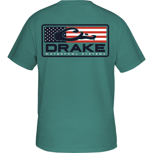 Patriotic Bar T-Shirt: Back view of a green shirt with an American Flag and Drake Logo screen print. Front left chest pocket features the Drake Waterfowl logo.