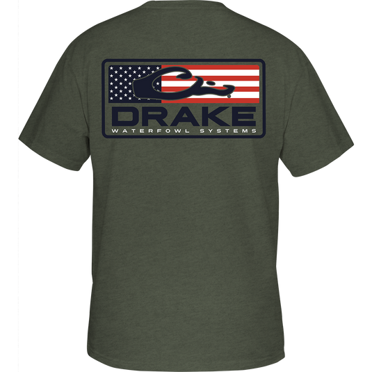 Patriotic Bar T-Shirt: Back of a tee with Drake Logo over an American Flag. Front pocket features Drake Waterfowl logo.