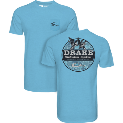 Old School Circle T-Shirt featuring front pocket logo and large back graphic with camo ducks, highlighting Drake Waterfowl Systems' innovative hunting designs.