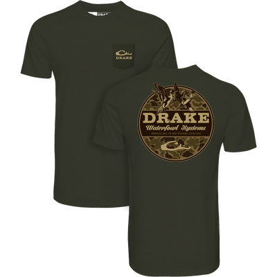 Old School Circle T-Shirt by Drake Waterfowl, featuring a front pocket with logo and back camo graphic of flying ducks, perfect for waterfowl hunting enthusiasts.