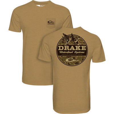 Old School Circle T-Shirt features a front pocket with Drake logo and a back camo design with flying ducks and Waterfowl Systems tagline.