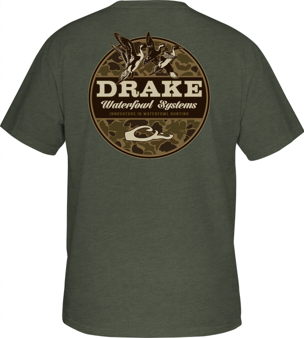 Old School Circle T-Shirt with a Drake logo on the front pocket and ducks in flight from our Old School Camo Series of back graphic tees.