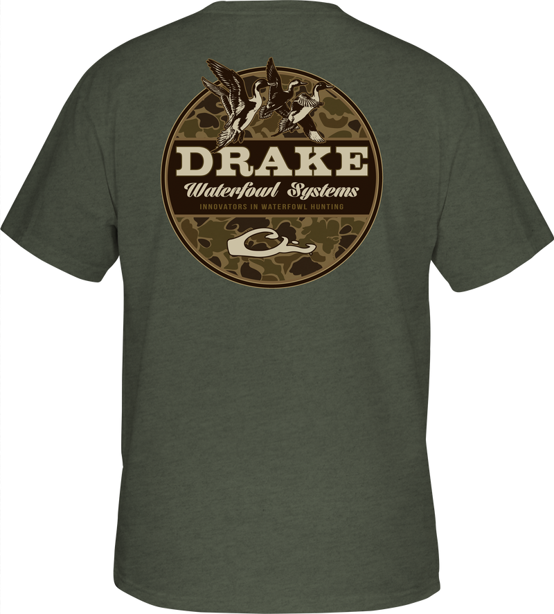 Old School Circle T-Shirt with a Drake logo on the front pocket and ducks in flight from our Old School Camo Series of back graphic tees.