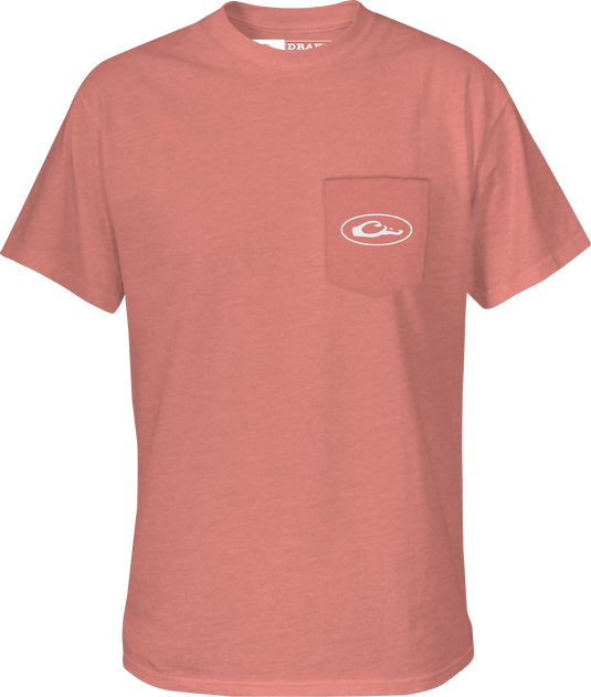 A lightweight Old School Circle T-Shirt with a Drake logo pocket on the front, featuring ducks in flight from our Old School Camo Series.