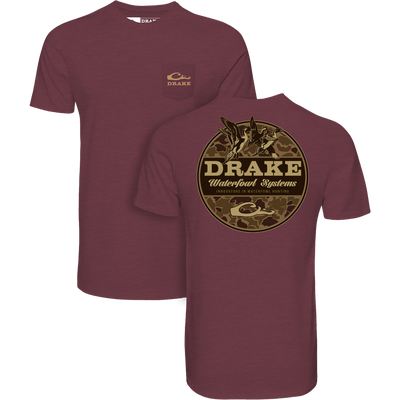 Two Old School Circle T-Shirts from Drake Waterfowl, featuring a back graphic of flying ducks and a front pocket with a Drake logo.
