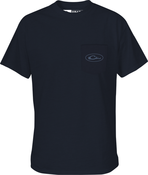 A black shirt with a pocket featuring the Drake logo from the Old School Camo Series. Lightweight and comfortable, made of 60% cotton and 40% polyester.