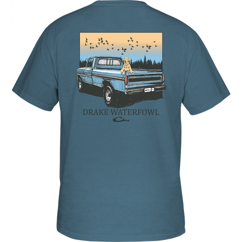 Old School Ford T-Shirt with dog design on back, featuring front chest pocket with Drake Logo. Comfortable and stylish.